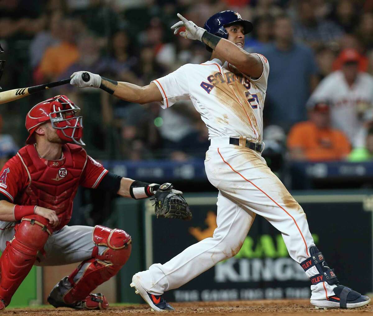 Michael Brantley swings into action in the sixth inning, drilling a double to right field. He had four of the Astros’ six hits in Friday’ night’s loss to the Angels at Minute Maid Park.