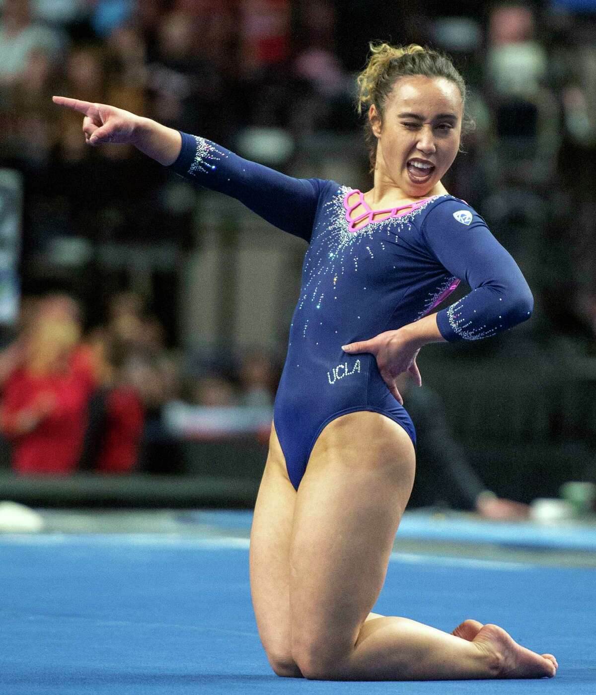 FILE - In this March 23, 2019, file photo, UCLA's Katelyn Ohashi competes on the floor, earning a 10, during the Pac-12 gymnastics championships in Salt Lake City. The former UCLA gymnast has committed to performing in the inaugural Aurora Games, an all-women?s sports and entertainment festival. The Aurora Games will be held Aug. 20-25 in Albany, N.Y., and feature about 150 world-class athletes, including Olympic medalists and national champions. (Rick Egan/The Salt Lake Tribune via AP, File)
