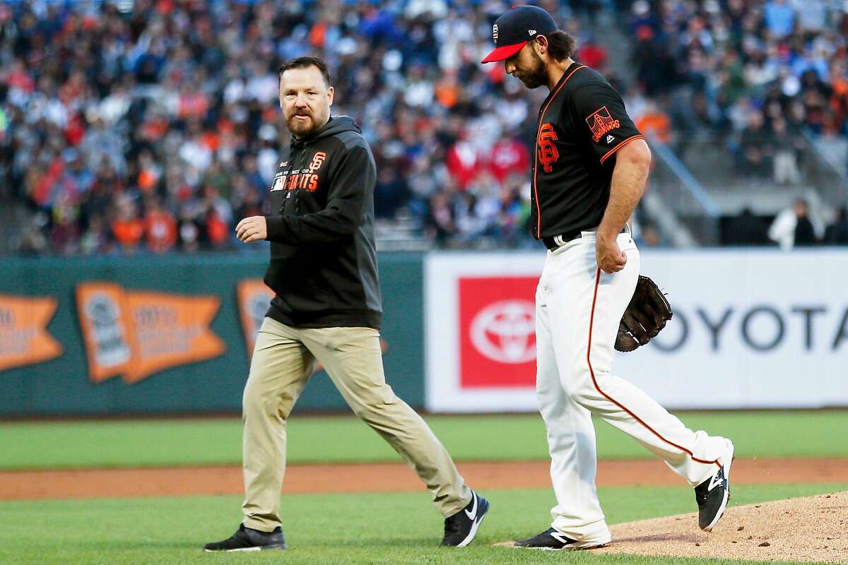 San Francisco Giants starting pitcher Madison Bumgarner (40) exits in the 3rd inning of an MLB game against the St. Louis Cardinals at Oracle Park on Saturday, July 6, 2019, in San Francisco, Calif. Bumgarner was hit by a comeback ball in the first inning.