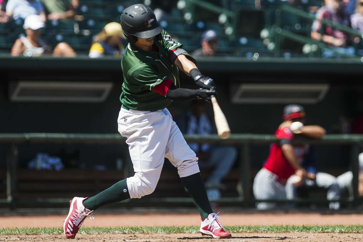 Great Lakes Loons center fielder Josh McLain swings on a pitch during a game against the Fort Wayne Tincaps on Sunday, July 7, 2019 at Dow Diamond. (Katy Kildee/kkildee@mdn.net)
