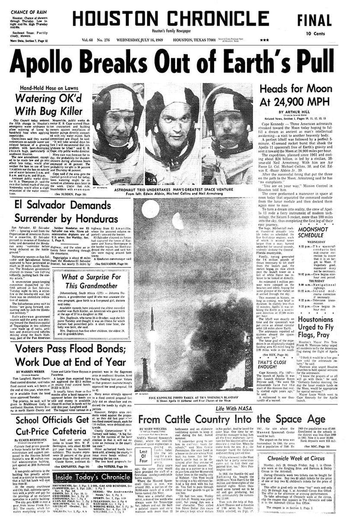 “Apollo Breaks Out of Earth’s Pull”. As it appeared in the Houston Chronicle: Vol. 276 No. 334 Houston, Texas - The Nation’s Sixth City - Wednesday, July 16, 1969.