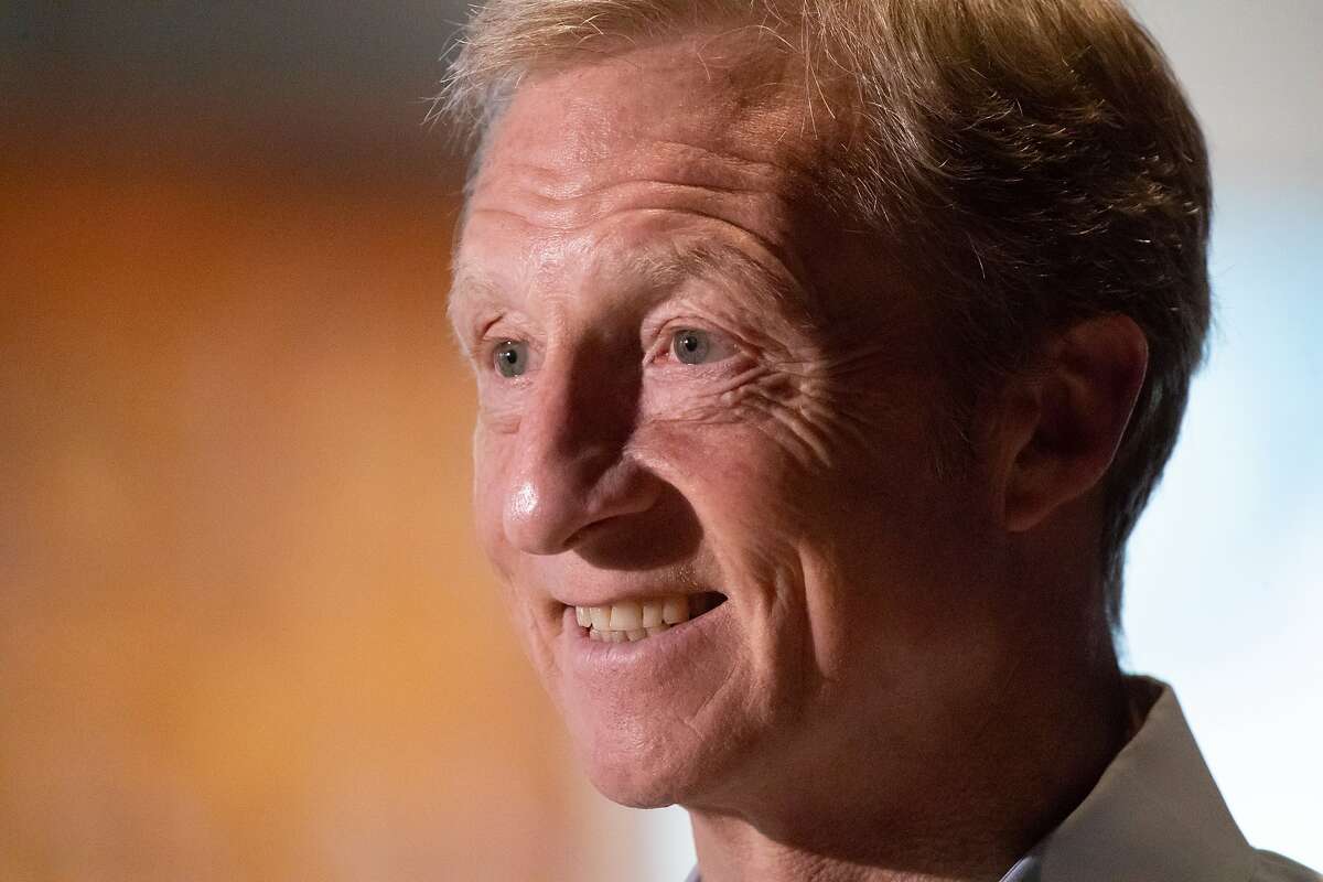 Tom Steyer answers questions before hosting a town hall meeting to impeach President Donald Trump on Tuesday, April 23, 2019, in Pleasanton, CA.