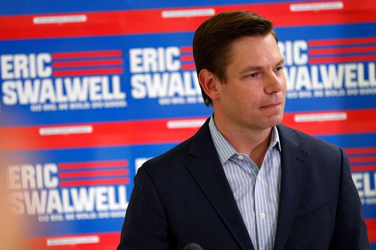California Rep. Eric Swalwell answers questions from the press after he announced that he is ending his bid for the 2020 Presidential race and will seek a fifth term in the House during a press conference at his campaign headquarters at the International Brotherhood of Electrical Workers Union Hall in Dublin, Calif., on Monday, July 8, 2019.