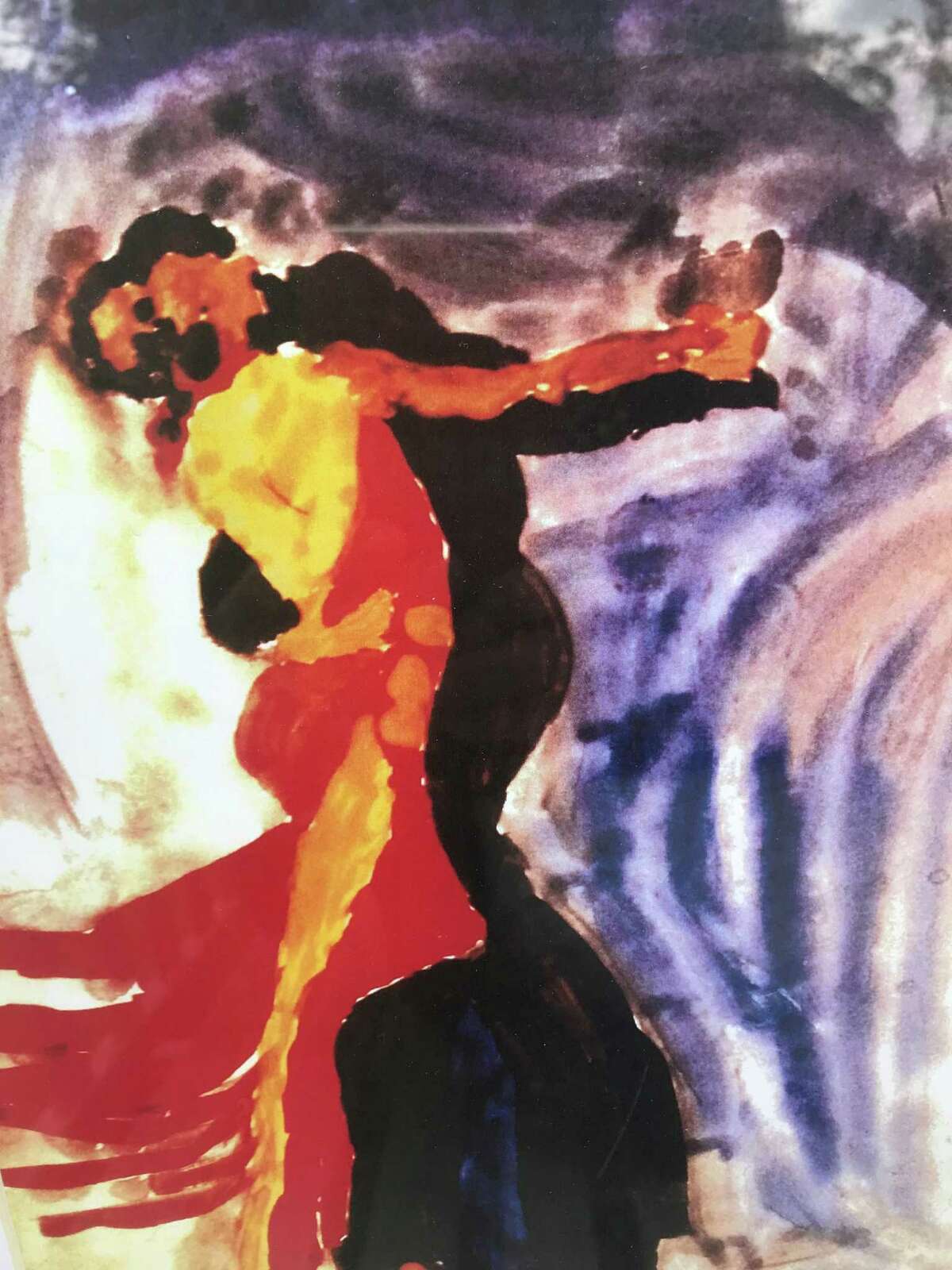 Barbara Constandaki’s water color painting of a man dancing with a woman.