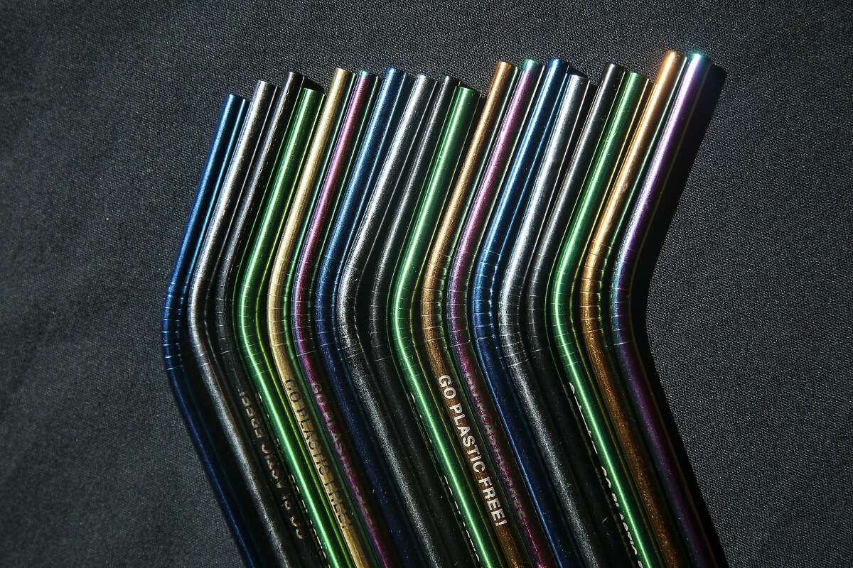 Reusable stainless steel bent straws in a variety of colors are seen at the Steelys Drinkware warehouse on Wednesday, July 3, 2019 in San Francisco, Calif.
