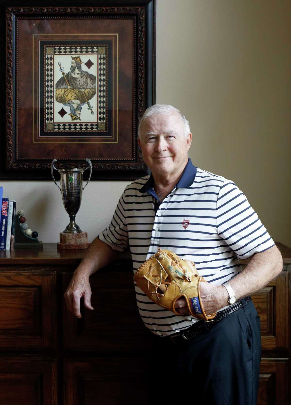 Former Major League Baseball player Billy Grabarkewitz, with a baseball glove he played with and a trophy for "the player that most exemplifies Dodgers tradition," at his home in Colleyville, Texas on Friday, June 14, 2019. Grabarkewitz looks back at the 1970 All-Star Game, which amazingly included three players from San Antonio. (photo by Lara Solt )