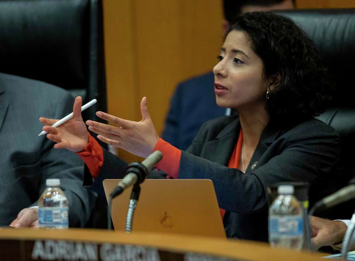 Harris County judge Lina Hidalgo speaks during commissioner's court at the the Harris County Administration Building Tuesday, June 4, 2019, in Houston.