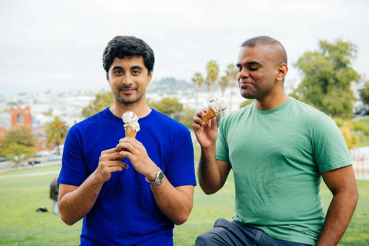 Ryan�Pandya (left) and Perumal Gandhi enjoy ice cream. They're vegans and founders of Perfect Day, an Emeryville company that creates dairy proteins via fermentation.