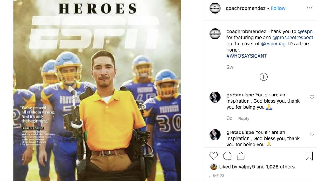 Rob Mendez is the head coach of the junior varsity football team at Saratoga High School. He was born without arms and legs due to a rare disorder called tetra-amelia syndrome.