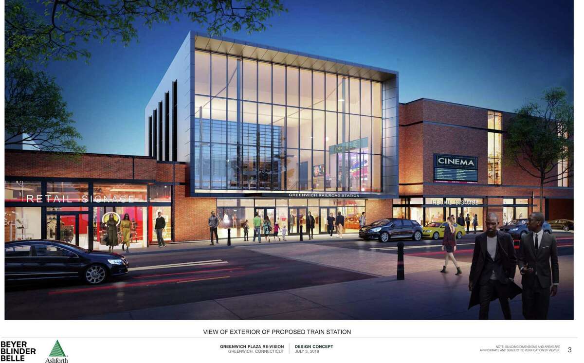 A view of the exterior of the proposed train station for central Greenwich, with new retail options.