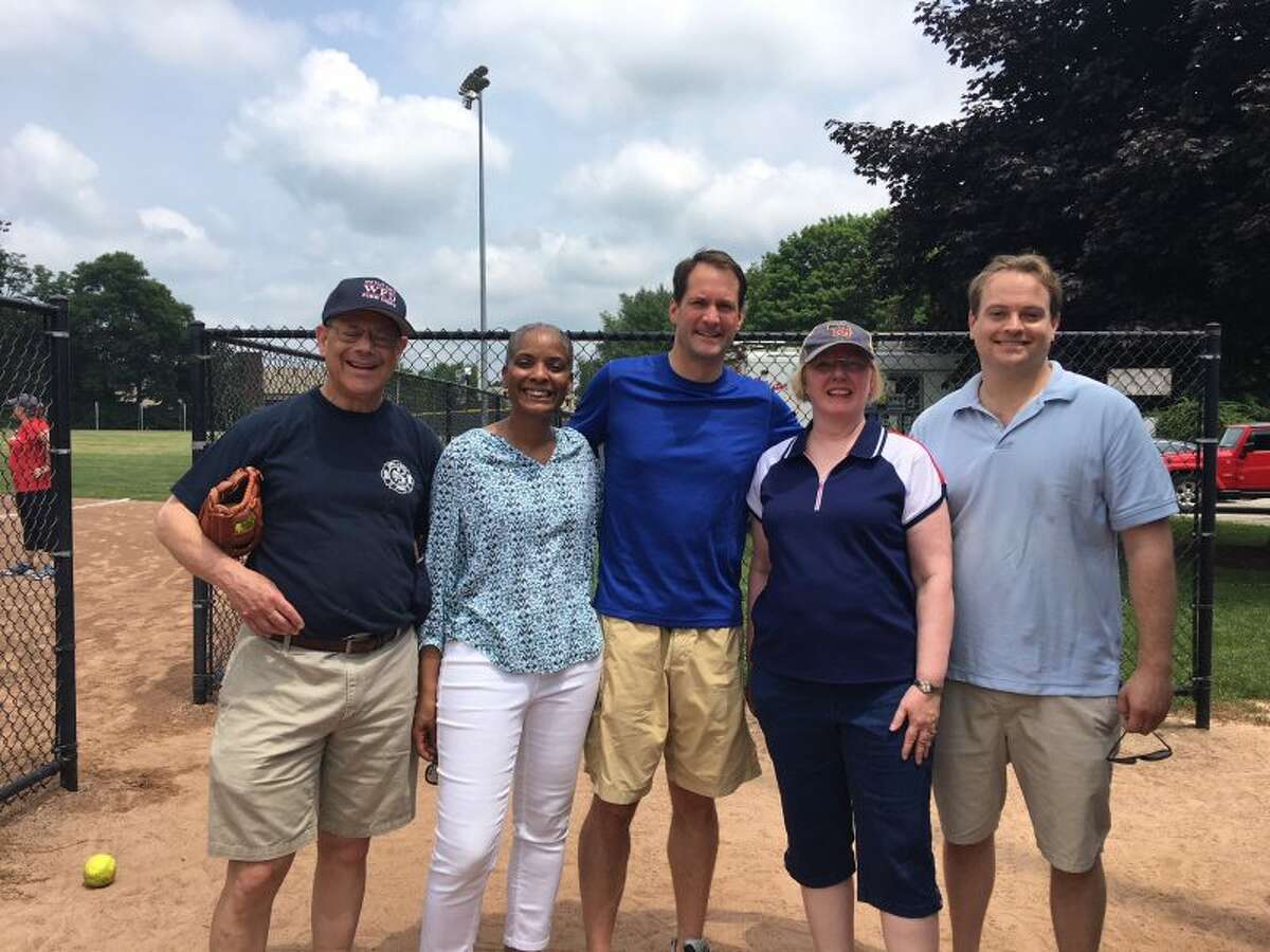 Among the Democrats who turned out for last year's Frivolity Bowl, were, from left, Ross Tartell, Stephanie Thomas, Jim Himes, Deborah McFadden and Doug Stern.