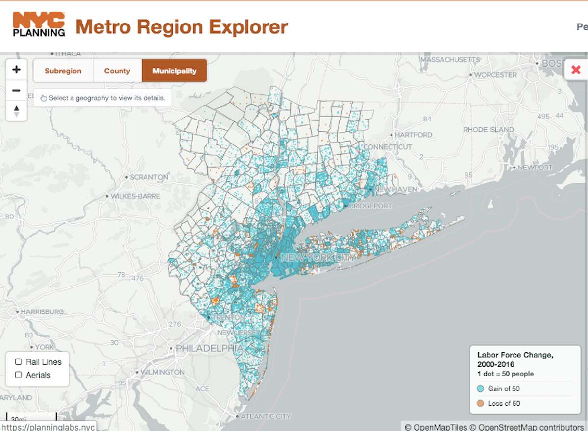 This map shows growth of the labor force in the New York metro area from 2000 to 2016.