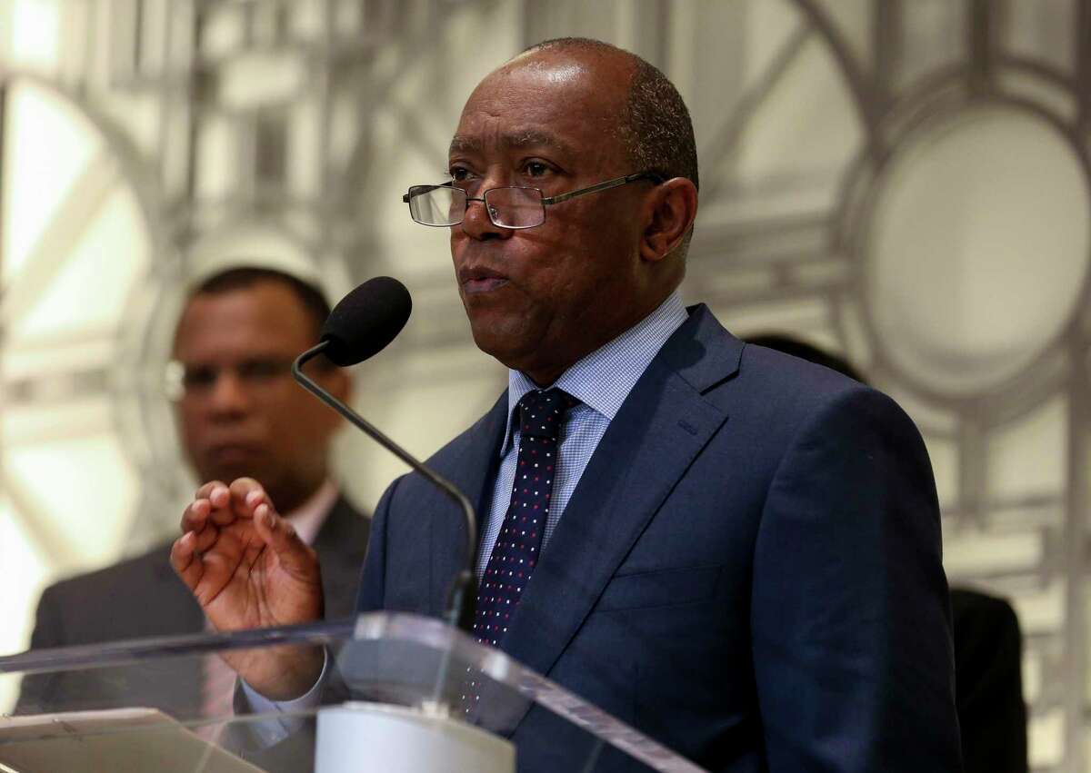 Mayor Sylvester Turner announces a proposed consent decree to improve the city's sanitary sewer system, during a press conference at City Hall Tuesday, July 9, 2019, in Houston.