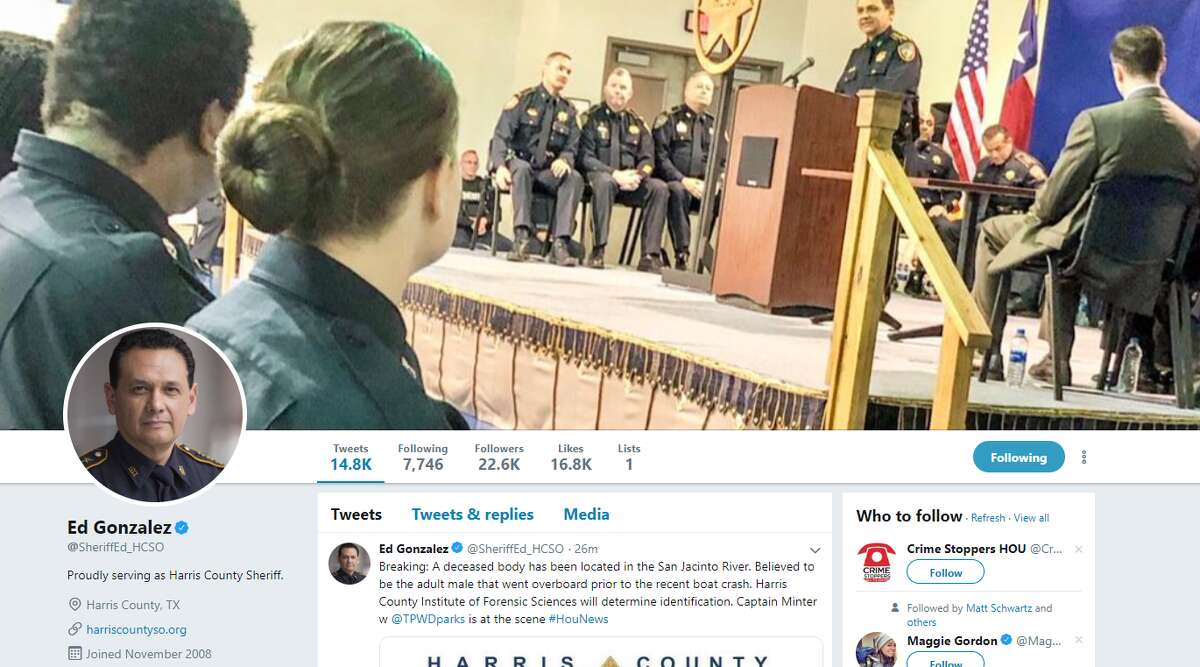 Ed Gonzalez (@SheriffEd_HCSO)  Twitter — Harris County Sheriff who frequently tweets updates about criminal activity in the area.