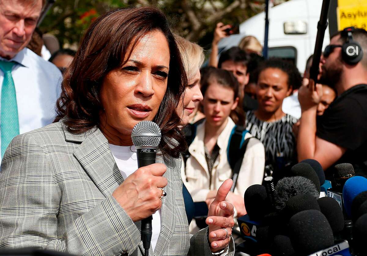(FILES) In this file photo taken on June 28, 2019 Democratic presidential hopeful Kamala Harris addresses the media about migrant children in front of a detention center in Homestead, Florida. - Senator Kamala Harris has received a surge in support among Democrats following last week's US presidential candidate debate while former vice president Joe Biden has slipped, according to a poll published on July 2, 2019. Twenty percent of Democrats surveyed in the Quinnipiac University poll said they backed Harris, the junior senator from California, up from just seven percent in a June 11 Quinnipiac poll. (Photo by RHONA WISE / AFP)RHONA WISE/AFP/Getty Images