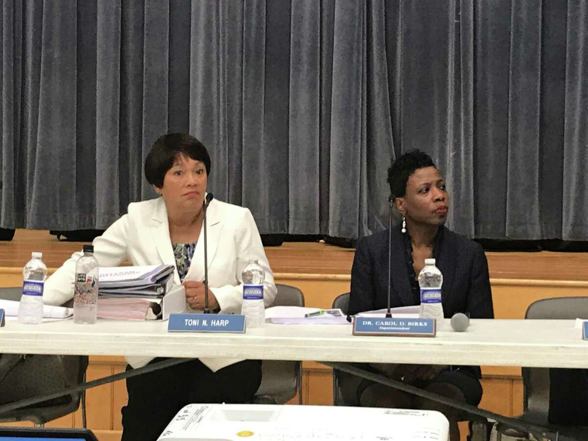Mayor Toni Harp sits besides Superintendent of Schools Carol Birks at a July 8, 2019 Board of Education meeting.