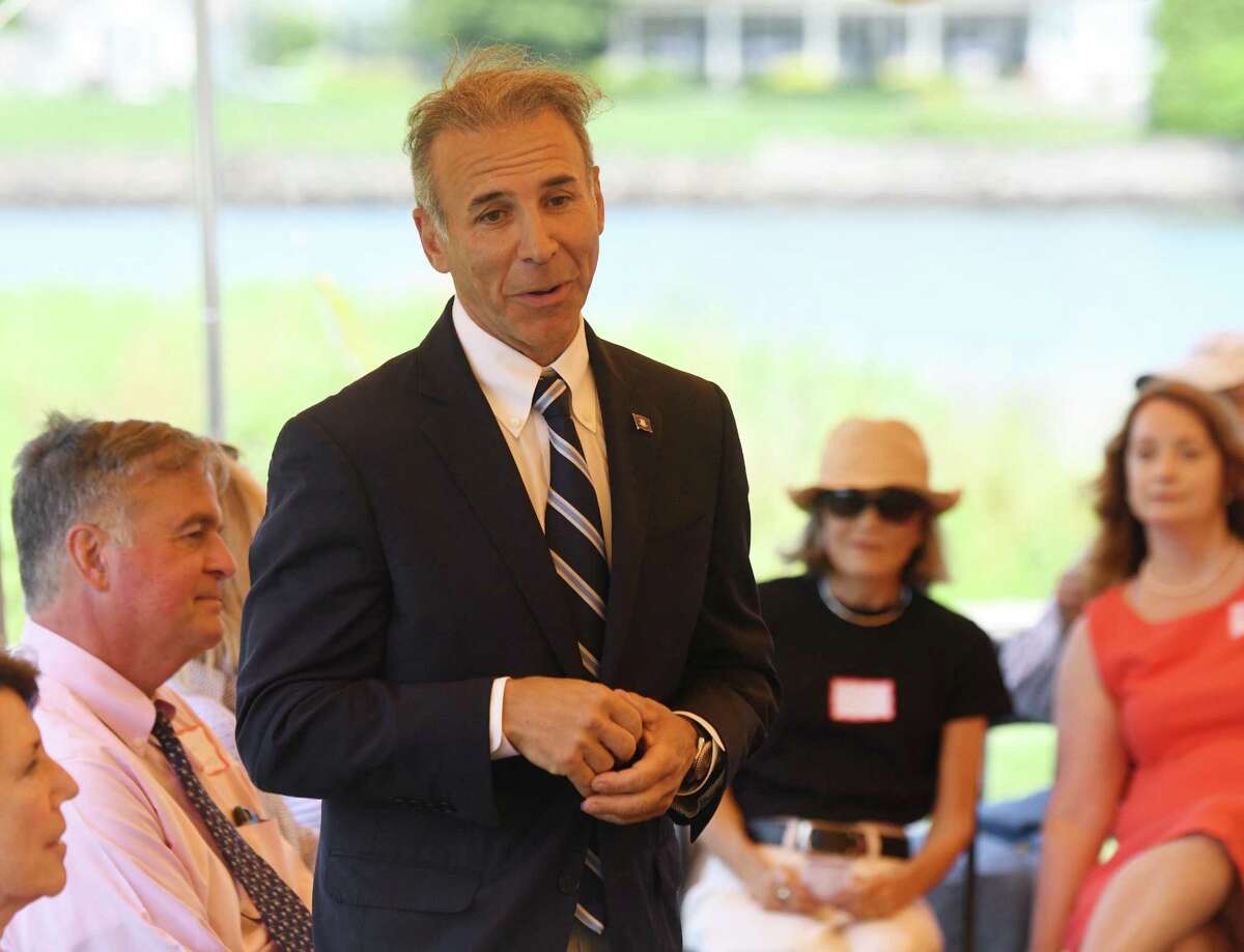 State Rep. Fred Camillo, R-Greenwich, speaks at the annual League of Women Voters legislative picnic at a private residence in the Riverside section of Greenwich, Conn. Tuesday, July 9, 2019. State Sen. Alex Bergstein and State Reps. Livvy Floren, Fred Camillo and Steve Meskers spoke about issues facing the town and state.