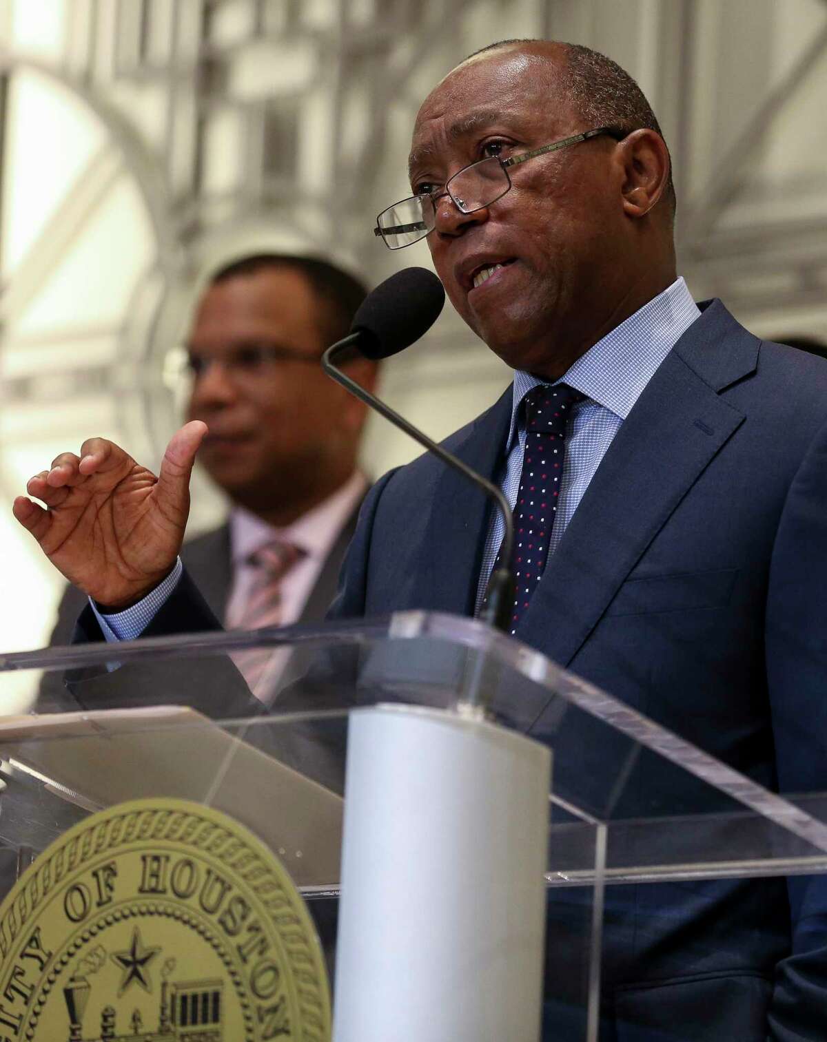 Mayor Sylvester Turner announces a proposed consent decree to improve the city's sanitary sewer system, during a press conference at City Hall Tuesday, July 9, 2019, in Houston.