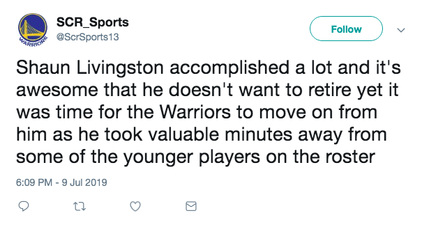 Report: Warriors to waive veteran guard Shaun Livingston