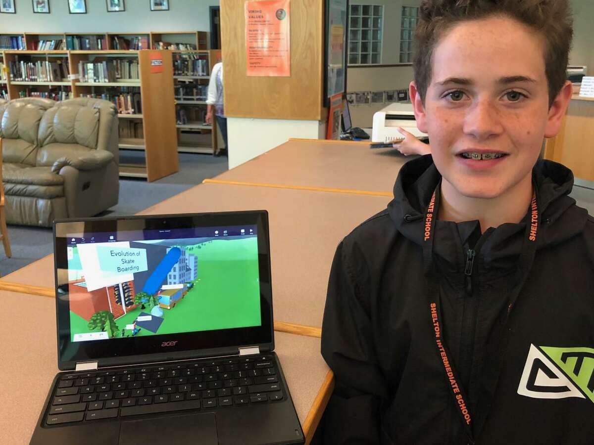 Shelton Intermediate School student Nicholas Palumbo offered fellow students the history of skateboarding with his virtual reality project.