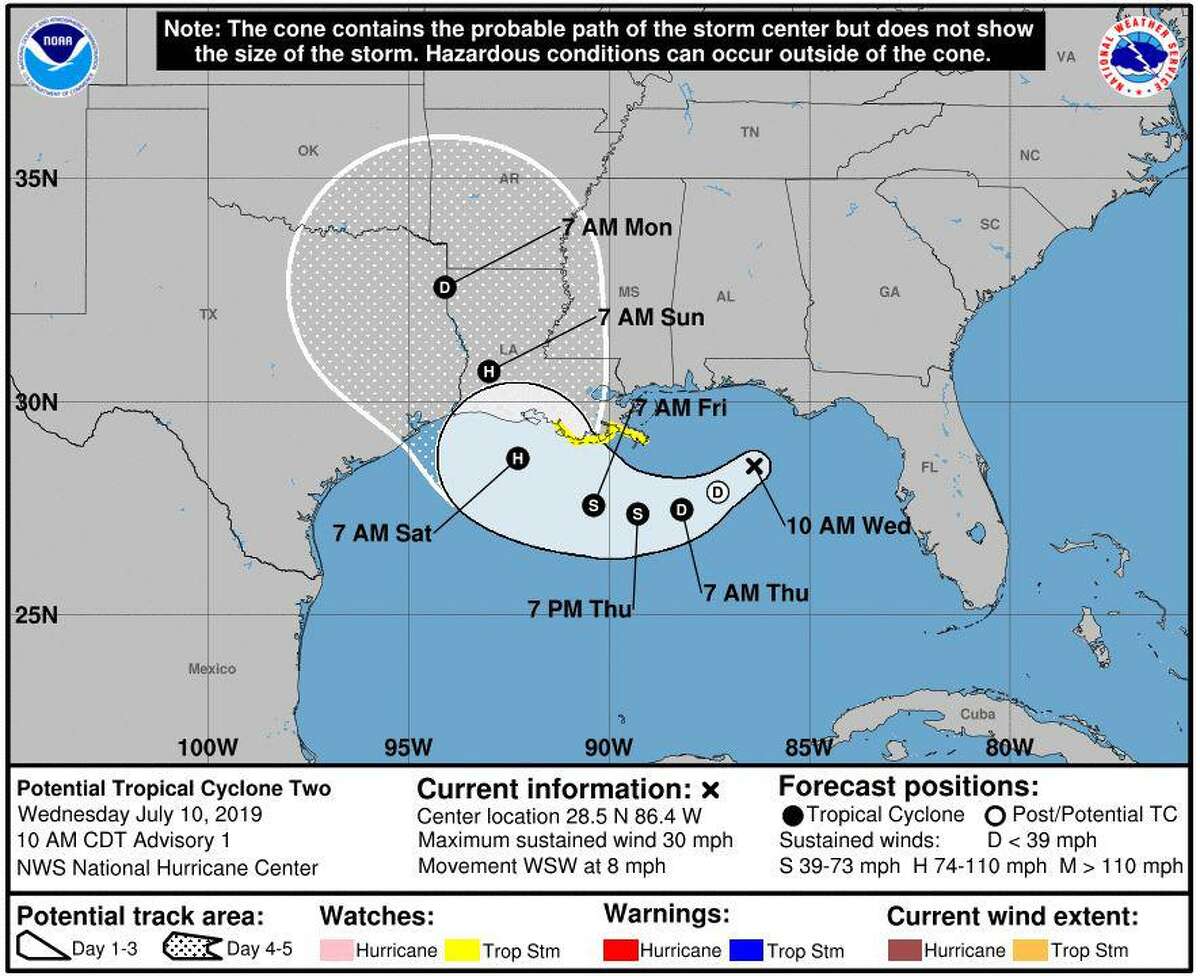 The National Hurricane Center issued tropical storm watches along the eastern coast of Louisiana on Wednesday morning as forecasters monitor a storm with 30 mph winds that is expected to become a hurricane on Friday as it heads west toward Texas.