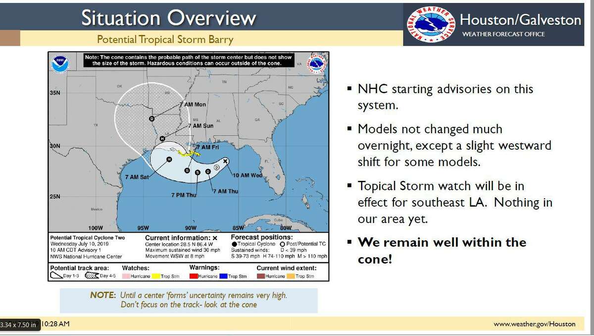 This National Weather Service map sent out Wednesday by officials with the NWS Houston-Galveston office shows a possible path for the storm. However, Meterologist in Charge Jeffry Evans said the system is still on an unknown path and could wind up striking the Houston region.