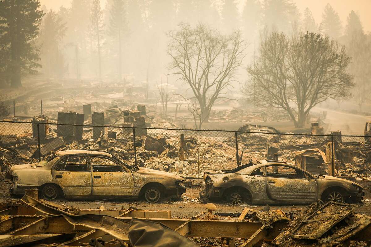 Homes are seen destroyed off of Edgewood Lane following the Camp Fire in Paradise, California, on Wednesday, Nov. 14, 2018.