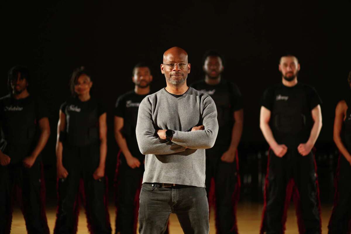 Jefferson Pinder &amp; The Middle Passage Guerilla Theatre Company, who will perform "Fire and Movement" along a four-mile route in Houston on Thusday, July 11 inspired by the 1917 Camp Logan Uprising, are shown during a related performance, "Goat Island Archive: THIS IS NOT A DRILL" in Chicago in May 2019.
