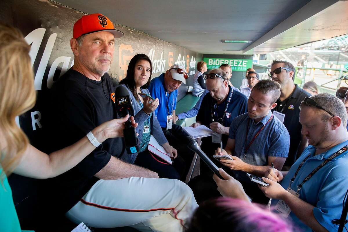 San Francisco Giants manager Bruce Bochy (15) meets with members of the news and sports media before an MLB game against the San Diego Padres at Oracle Park on Wednesday, June 12, 2019, in San Francisco, Calif. The Giants won 4-2.