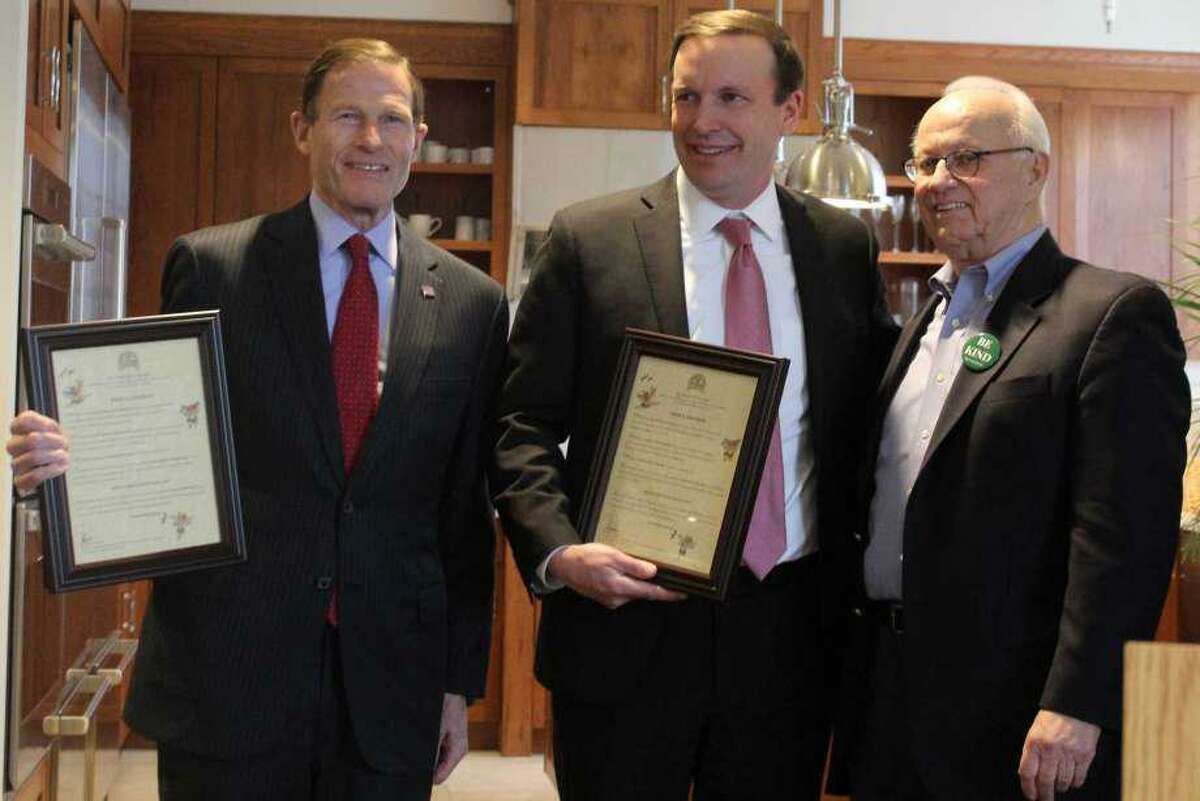 Senator Richard Blumenthal, Senator Chris Murphy, and Newman's Own Foundation President and CEO Bob Forrester met at the Newman's Own Foundation headquarters in Westport on Feb. 22 to celebrate passage of the Philanthropic Enterprise Act.