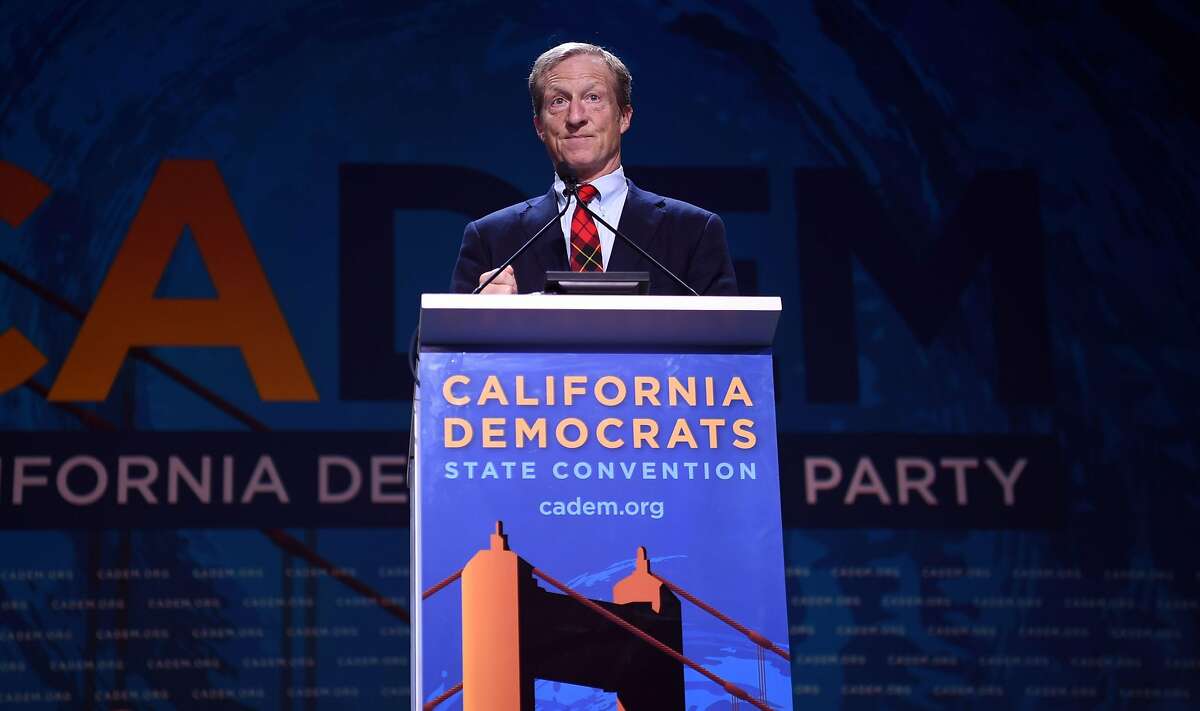 (FILES) In this file photo taken on June 1, 2019 US philanthropist Tom Steyer speaks on stage during the 2019 California Democratic Party State Convention at Moscone Center in San Francisco, California. - Billionaire environmental activist Tom Steyer launched an underdog 2020 presidential bid on July 9, 2019, reversing his decision from months ago to focus instead on pressing the case to impeach incumbent Donald Trump."My name's Tom Steyer and I'm running for president," the Democratic philanthropist and former hedge fund manager said in a video announcing his candidacy. (Photo by Josh Edelson / AFP)JOSH EDELSON/AFP/Getty Images