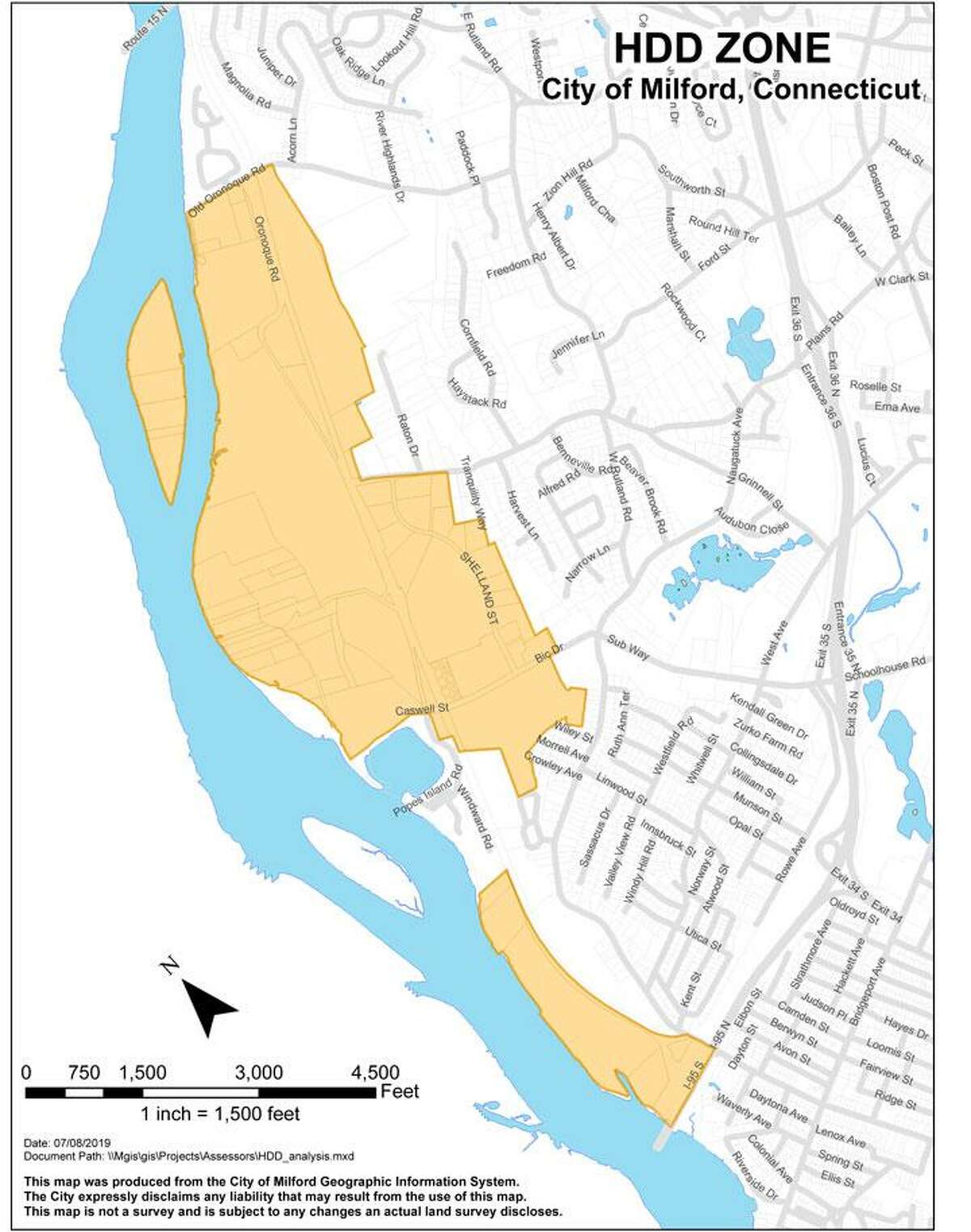 New city regulations are expected to limit self-storage facilities to the Housatonic Design District (HDD) which runs along the Housatonic River. The HDD is shaded in yellow on this map.