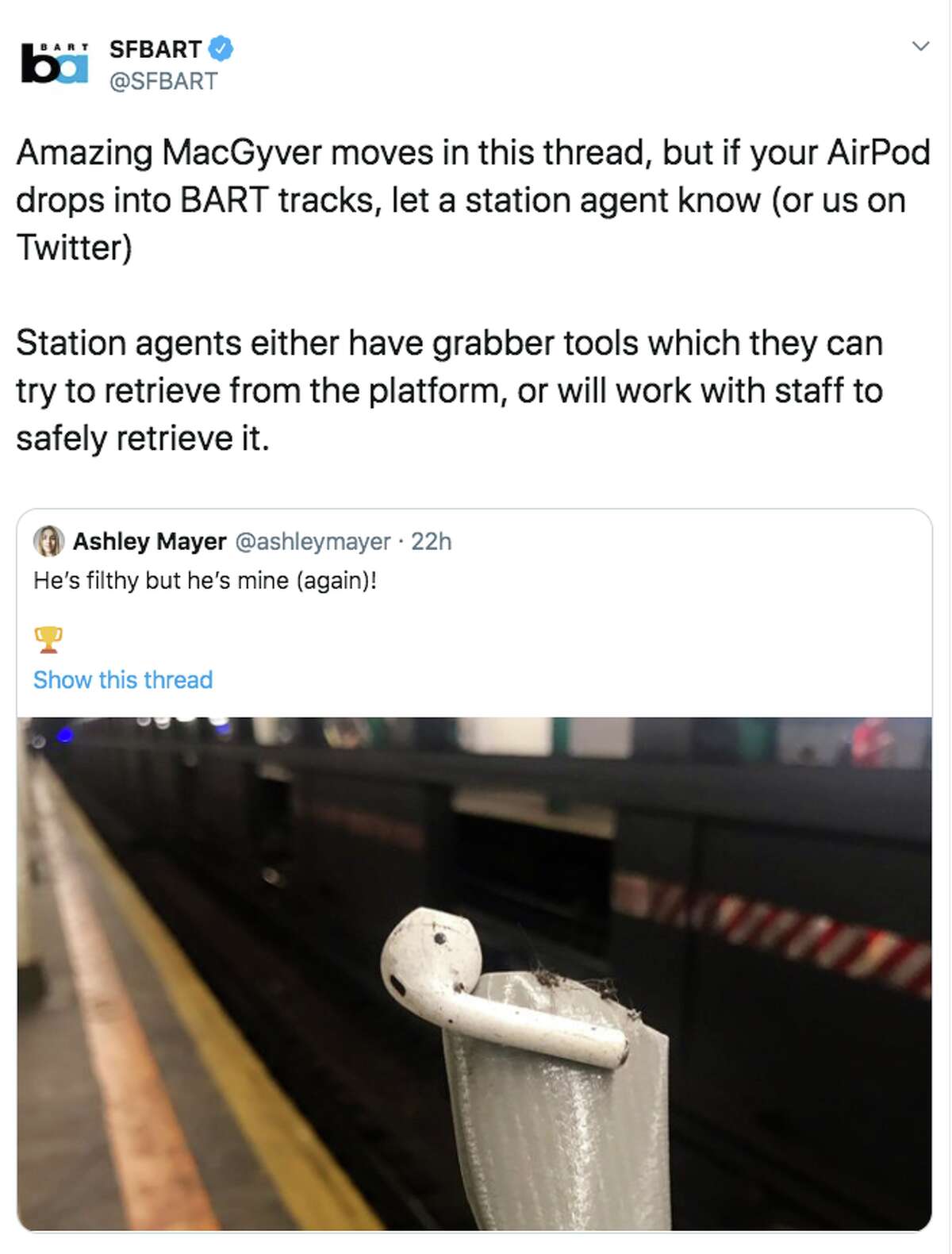 BART shared a Tweet from a woman who rescued her AirPod off tracks in NYC with a broom and duct tape.