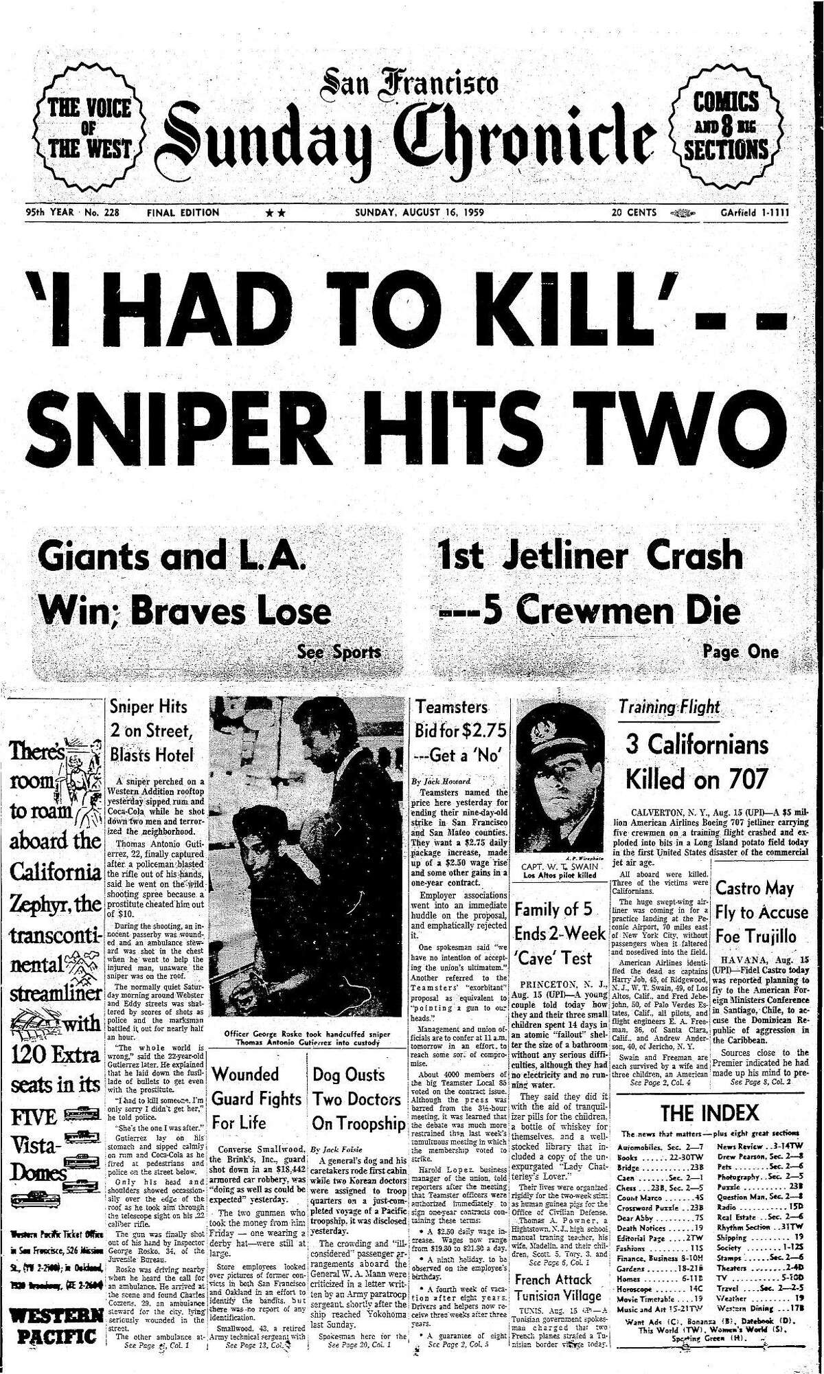 The Chronicle August 16, 1959 front page, reporting on shootings by sniper, Thomas Antonio Gutierrez