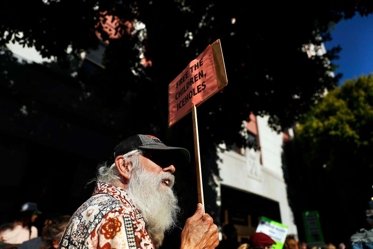 Dennis Fagaly of Oakland takes part in a protest outside of ICE headquarters on Sansome Street in San Francisco, Calif., on Thursday, July 11, 2019.