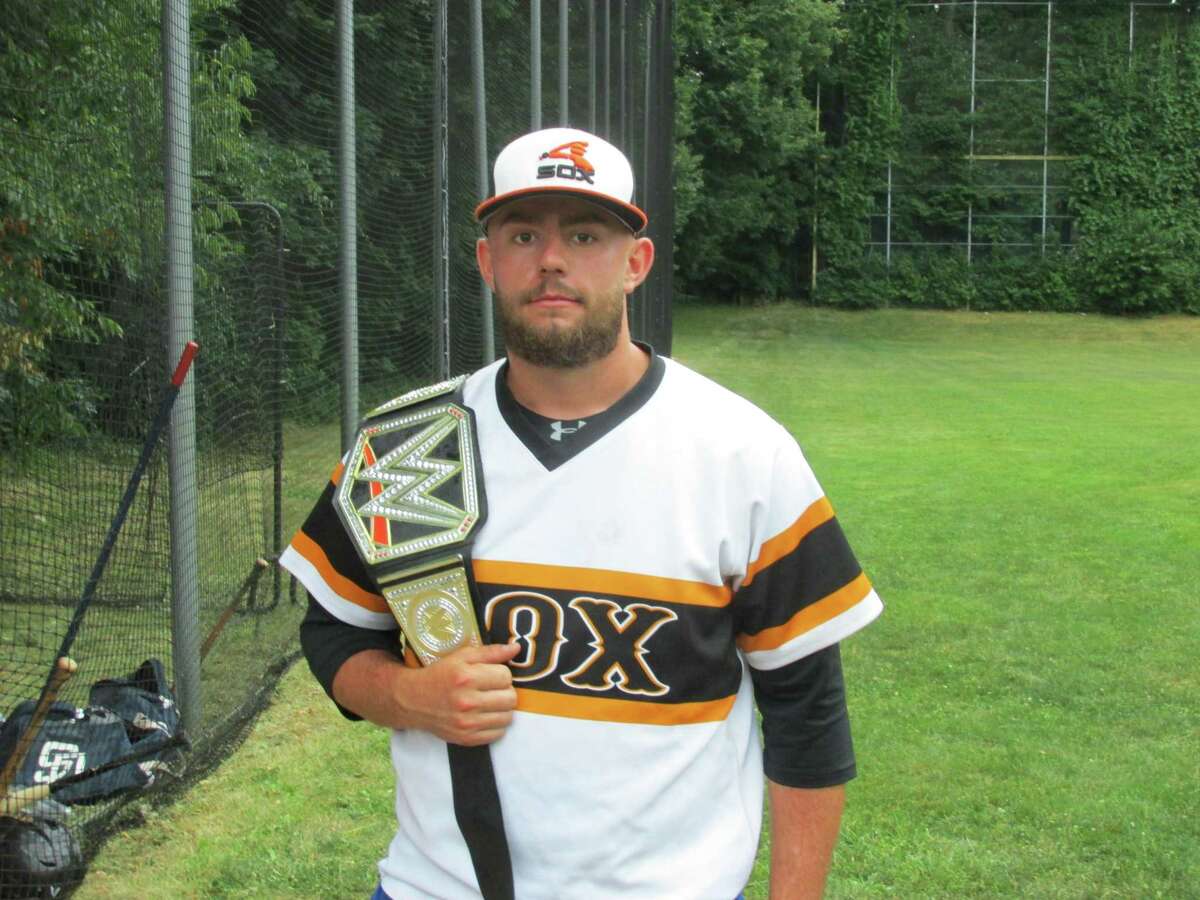 Terryville’s Andrew Hinckley won the Black Sox Boom Belt for the night with a three-run homer, putting Terryville’s 7-1 win away against the Tri-Town Trojans in the Tri-State Baseball League Thursday night at Old Terryville High School.