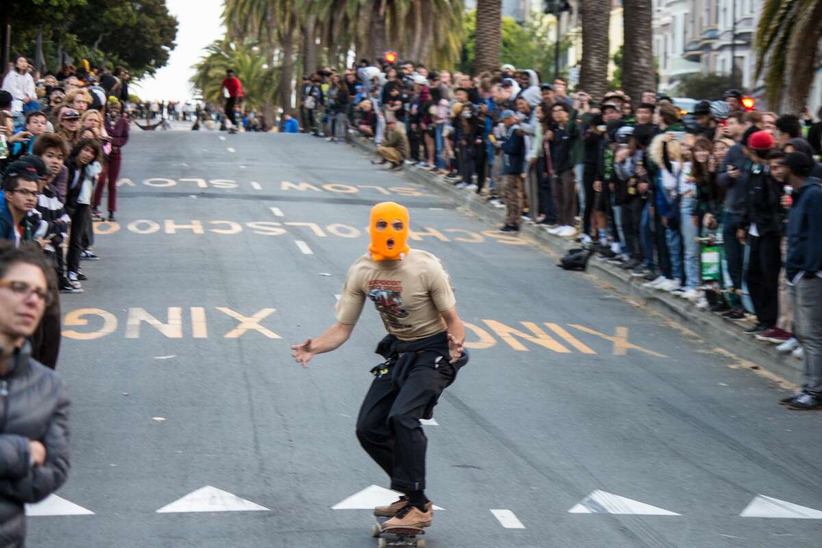 Hundreds of skateboarders zoomed down a steep section of Dolores Street on July 11, 2019, in an impromptu "hill bomb."