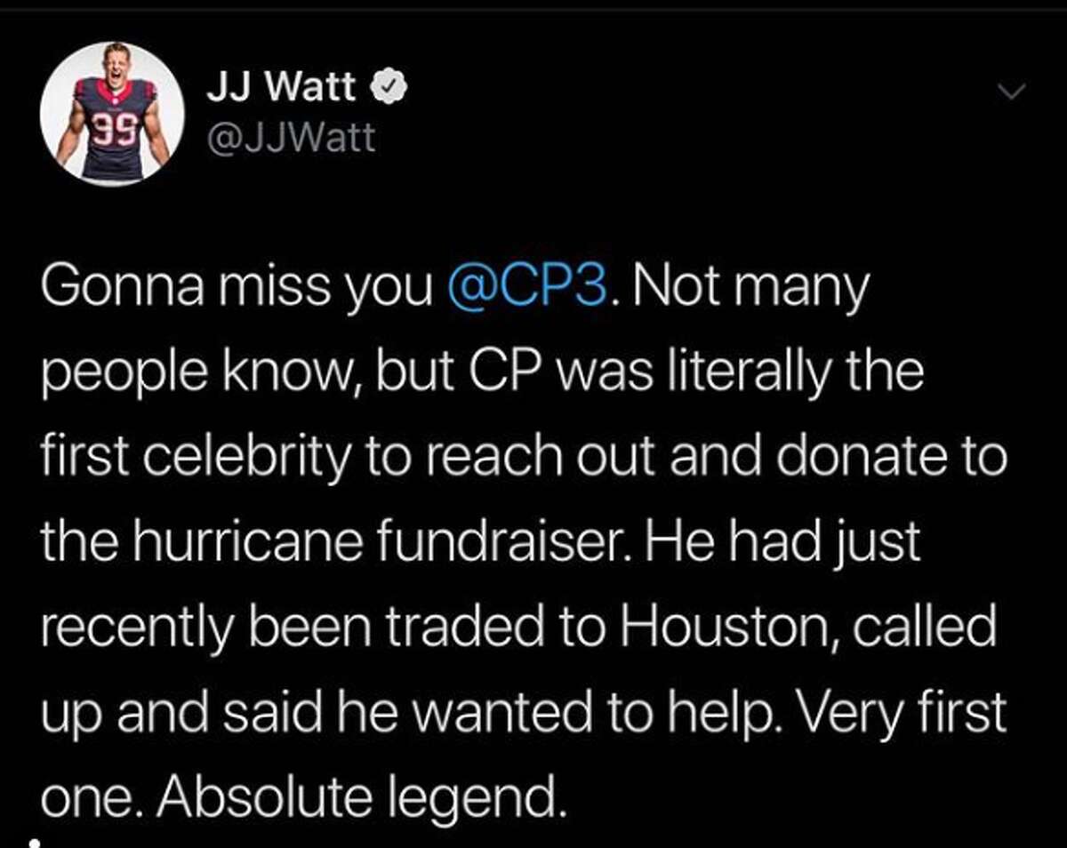 PHOTOS: Best trades by Houston teams  Texans star JJ Watt shared a sincere message Thursday with outgoing Rockets point guard Chris Paul, who was traded to the Oklahoma City Thunder for Russell Westbrook.  >>>Browse through the gallery to see a history of blockbuster deals in the Bayou City ... 