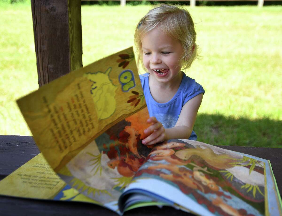 Fiona Steinnagel, 3, of Bridgewater, gets excited leafing through a counting book about river dwellers during a Roxbury Land Trust program for pre-K and kindergarteners at the River Road Preserve in Roxbury, Conn. on Tuesday, July 9, 2019.