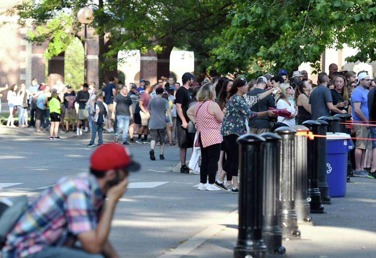 Attendees wait in line for the gates to open before the Dave Matthews Band Concert on Friday, July 12, 2019 at SPAC in Saratoga Springs, NY. (Phoebe Sheehan/Times Union)