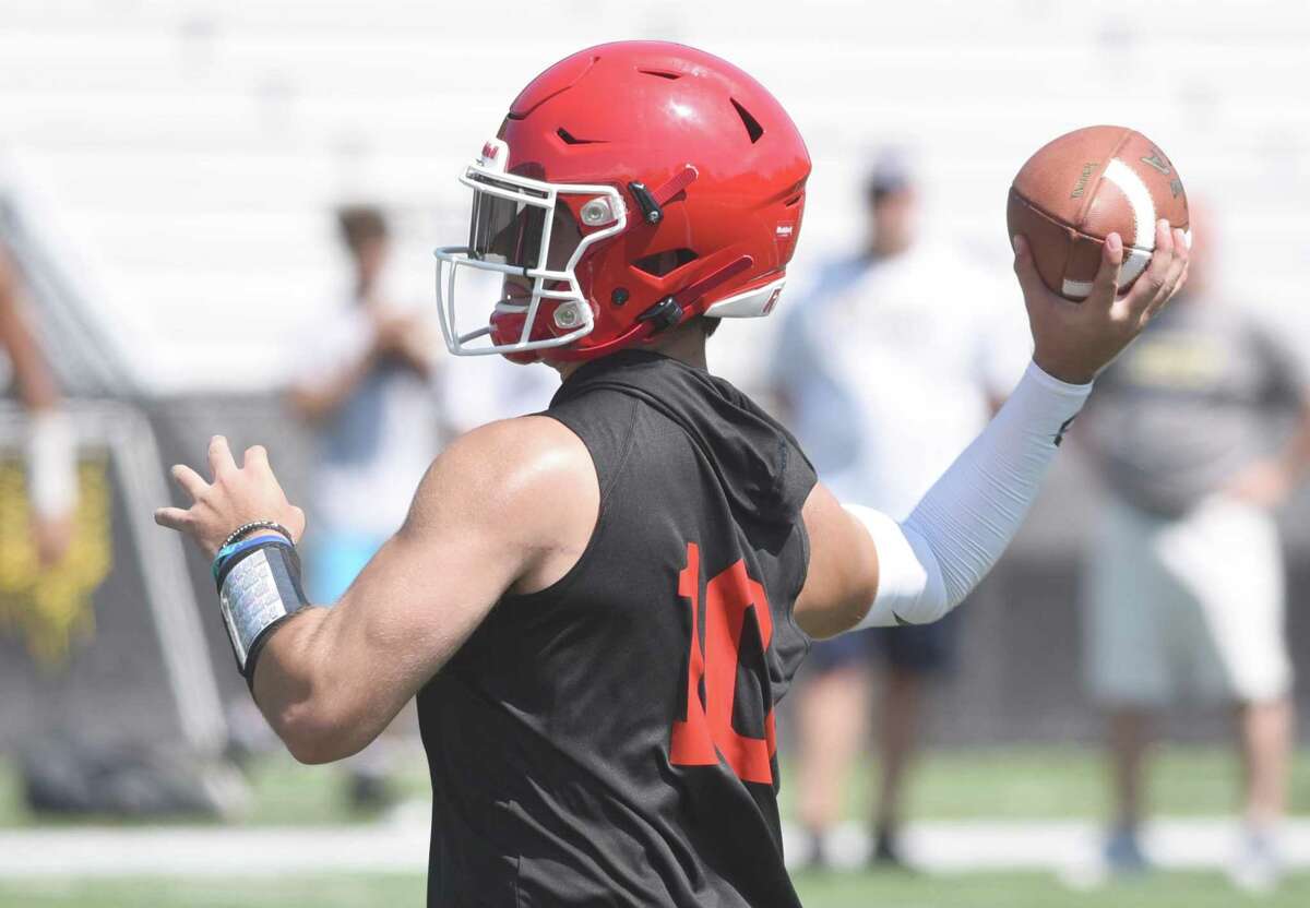 New Canaan quarterback Drew Pyne throws a pass during the annual Grip It and Rip It football tournament at New Canaan High School on Friday, July 12, 2019.
