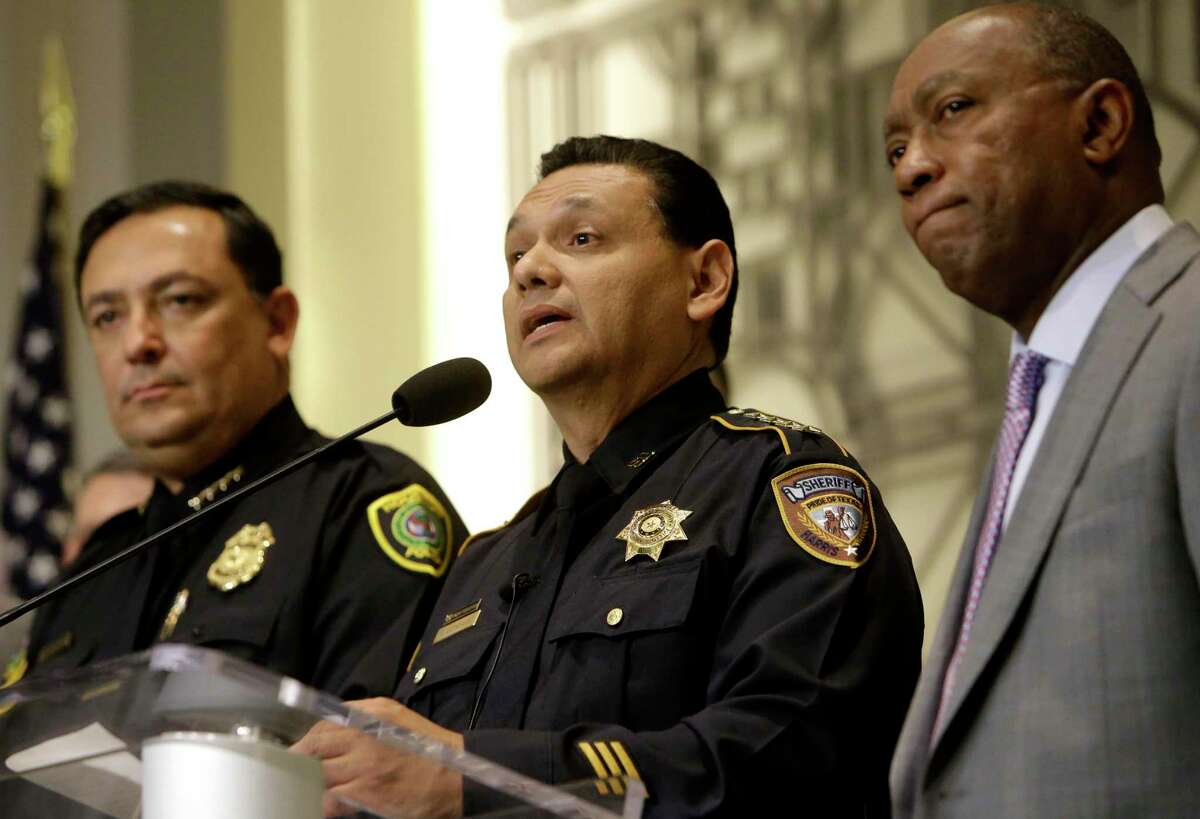 Houston Police Chief Art Acevedo, left, Harris County Sheriff Ed Gonzalez, center, and Houston Mayor Sylvester Turner, right, shown in this file photo were among law enforcement and community leaders advocating Thursday, Nov. 5, 2019, for the reauthorization of the Violence Against Women Act. The U.S. House of Representatives passed the legislation in April. It has stalled in the U.S. Senate.