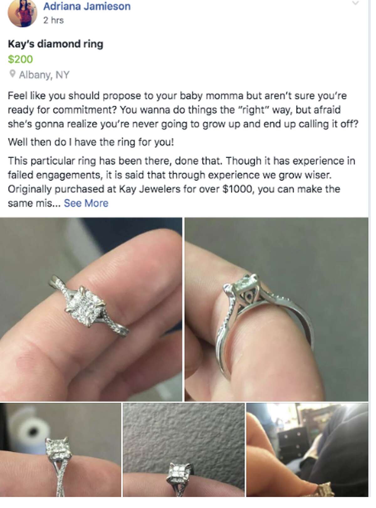 Local woman sells engagement ring in 