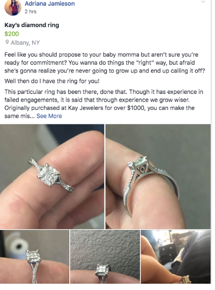 Local Woman Sells Engagement Ring In Funny Facebook Marketplace Post