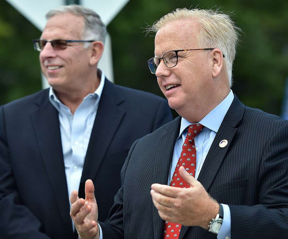 Mark Boughton, Danbury mayor and the Republican endorsed candidate for governor campaigns Tuesday, August 14, 2018, in the GOP primary election at Cheshire High School.