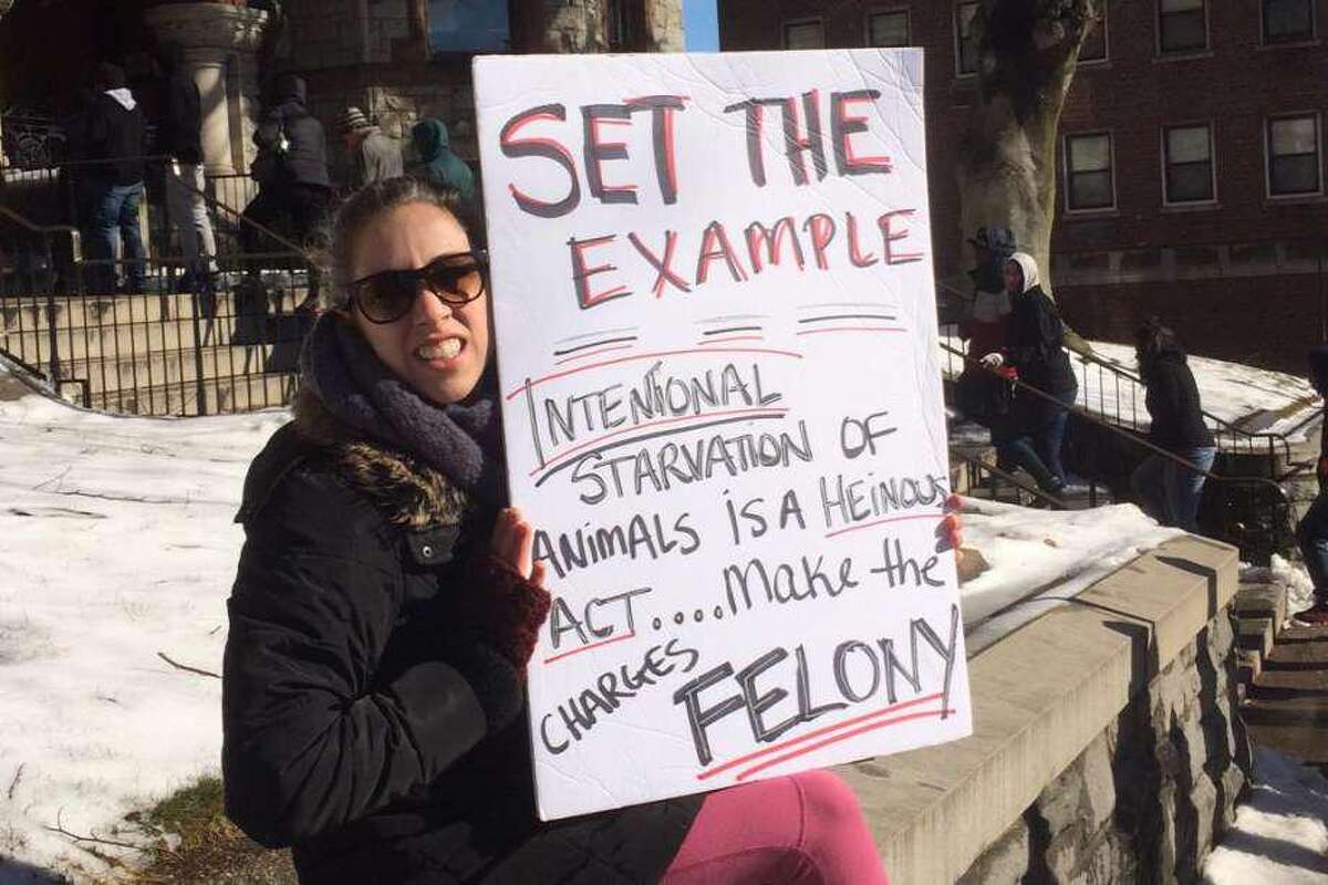 Nicola Improta, of Redding, protests outside the Golden Hill Street courthouse during an earlier court appearance by Heidi Lueders.