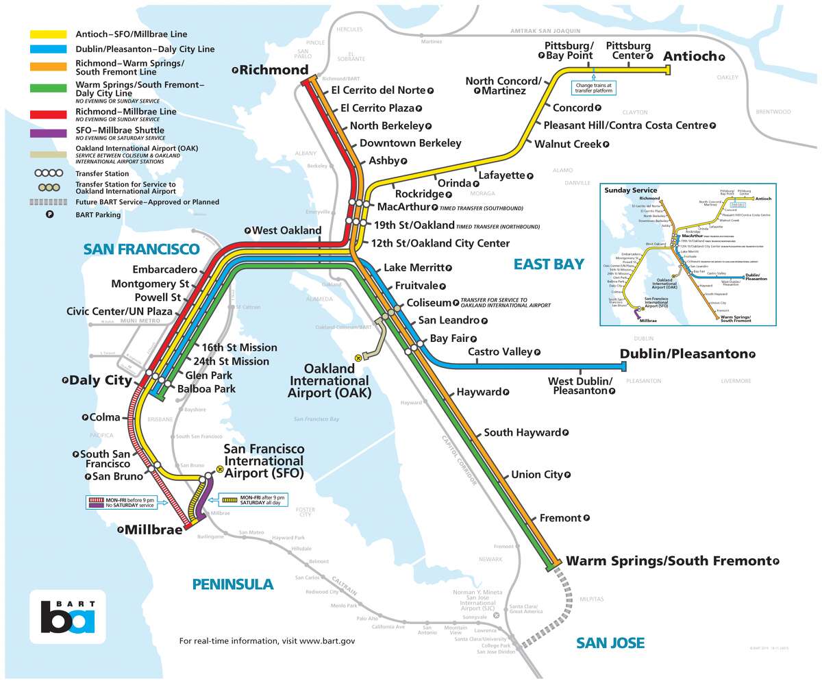 BART will run longer cars and extra event service on Friday and Saturday. Red and Green lines will run on Sunday morning and afternoon with extra event trains in the evening.