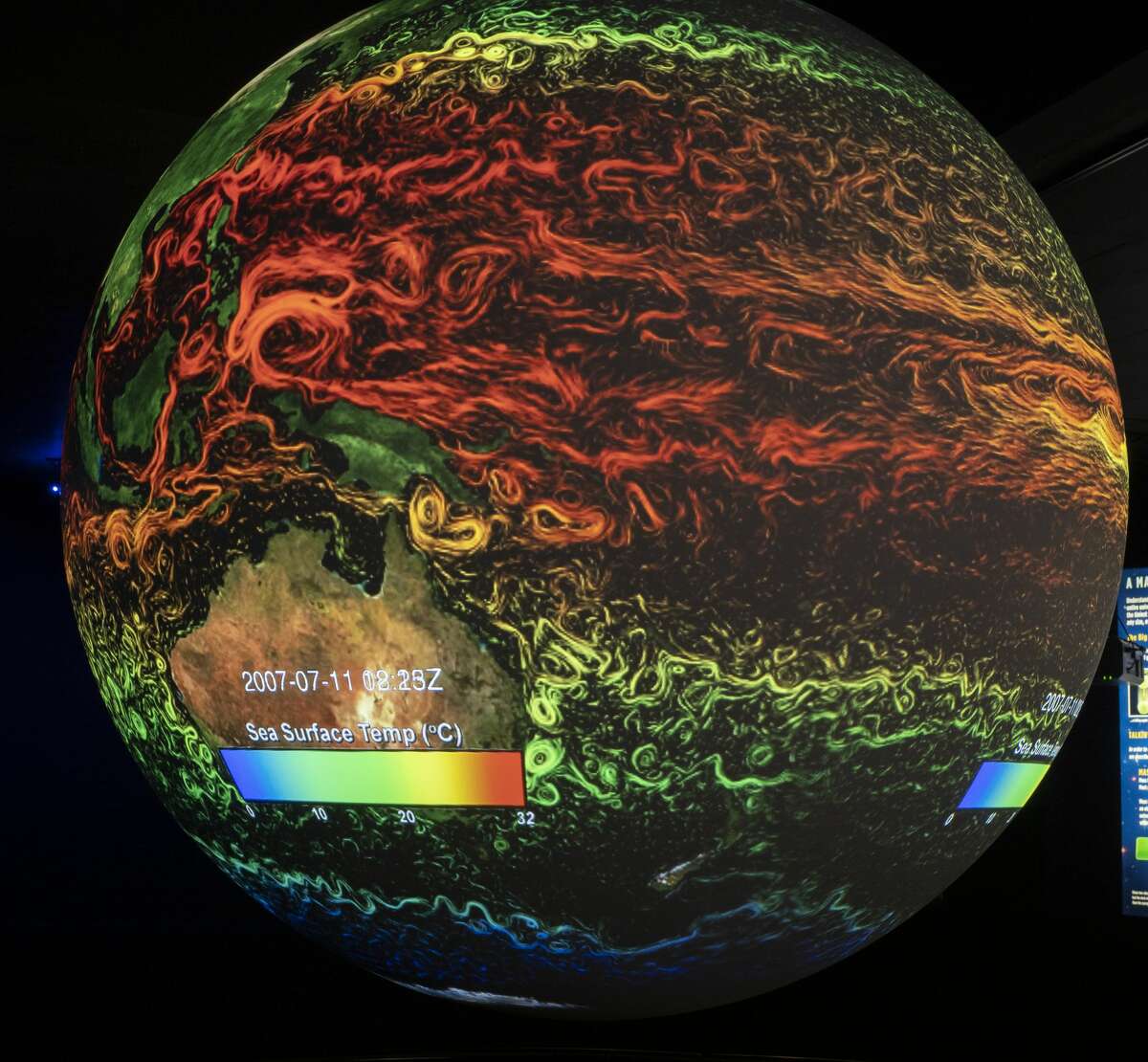 Science on a Sphere display showing sea surface temperatures 07/15/19 at the Blakemore Planetarium. The 6 foot sphere, presented by Cimarex, utilizes four projectors to display multiple images of the earth as well as planets, moons and the sun. Tim Fischer/Reporter-Telegram