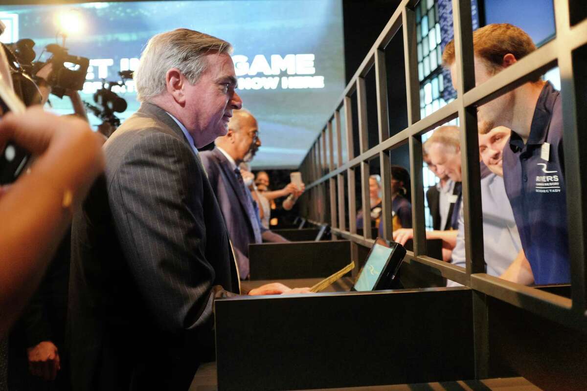 Schenectady Mayor Gary McCarthy makes one of the first sports bets at the Rivers Sportsbook on Tuesday, July 16, 2019, in Schenectady, N.Y. (Paul Buckowski/Times Union)