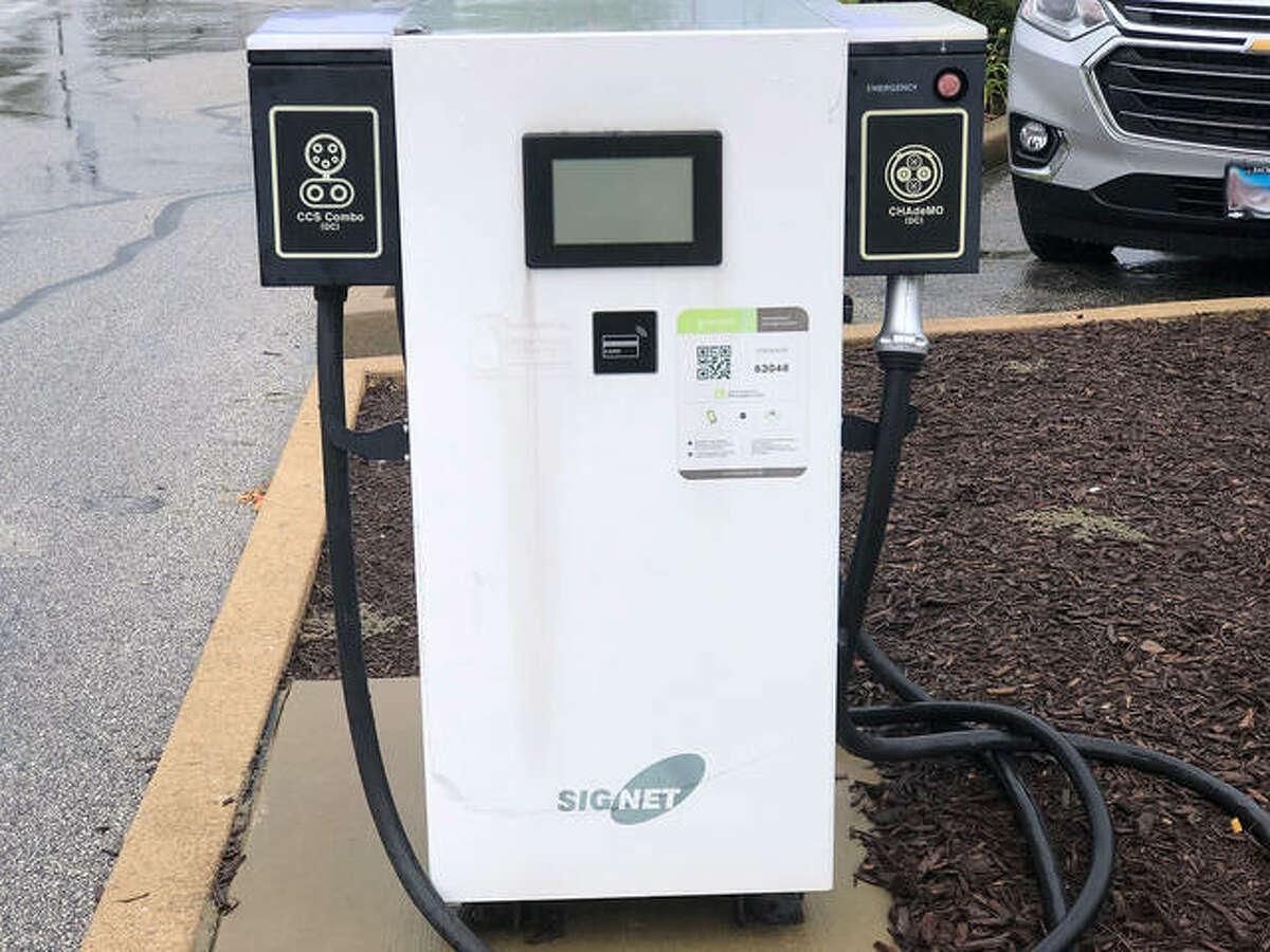 FILE - The electric vehicle charging station behind Edwardsville City Hall has served 63 customers in almost four years since Nissan provided it as part of a campaign for an Electric Route 66 Corridor.